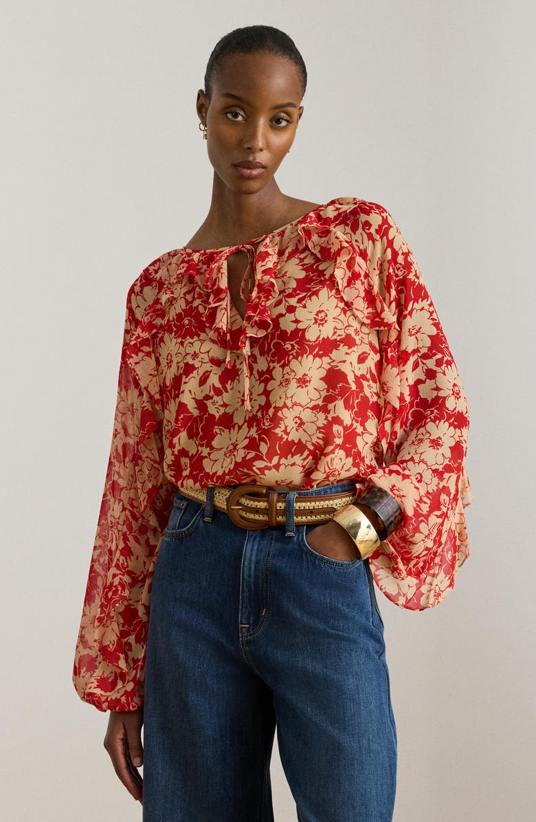 Lauren Ralph Lauren Floral Ruffle Detail Crinkle Top, Alternate, color, Red/ Tan