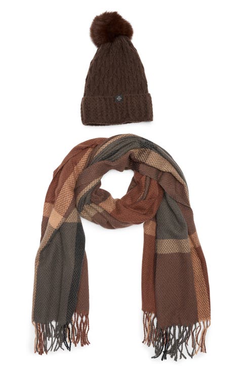 Faux Fur Pompom Beanie & Scarf Gift Set
