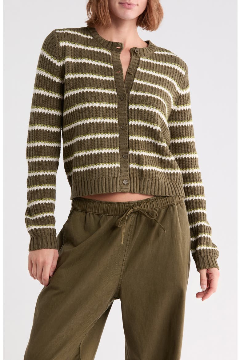 Felicity Crewneck Cotton Blend Cardigan, Main, color, EVERGREEN STRIPE