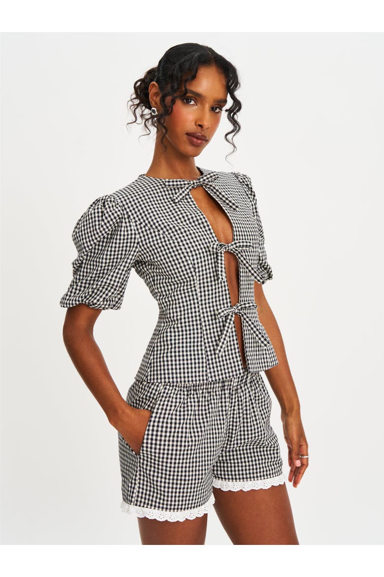 Qusayla Bow Tie Front Gingham Puff Sleeve Top, Alternate, color, Black