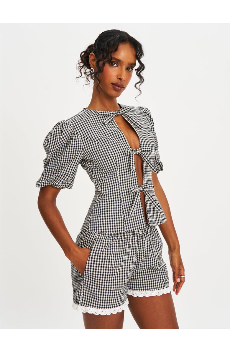 Miss Circle Qusayla Bow Tie Front Gingham Puff Sleeve Top, Alternate, color, Black