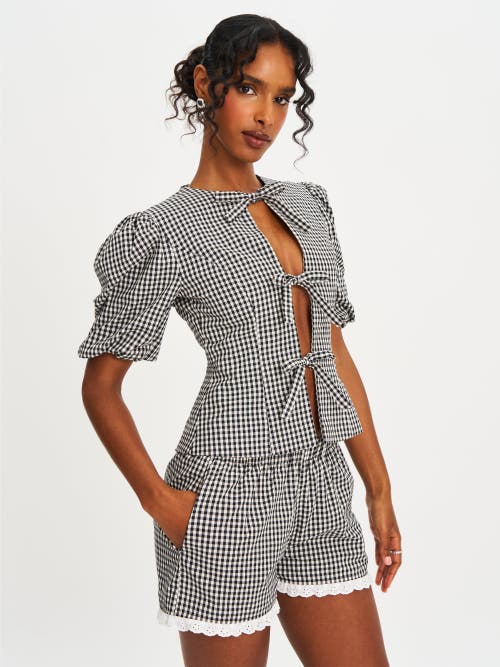 Miss Circle Qusayla Bow Tie Front Gingham Puff Sleeve Top In Animal Print