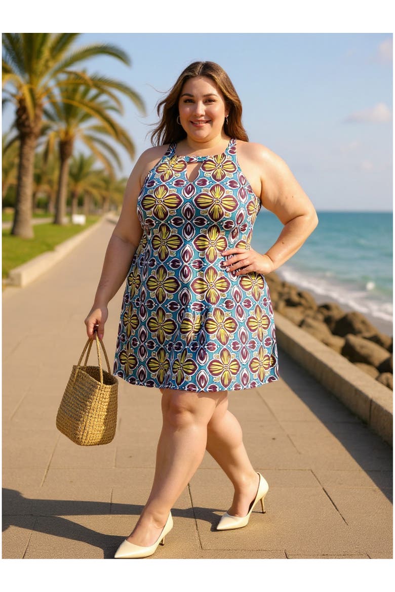 Plus Size Floral Knee Length Paisley Sleeveless Keyhole Dress, Alternate, color, Blue Multi