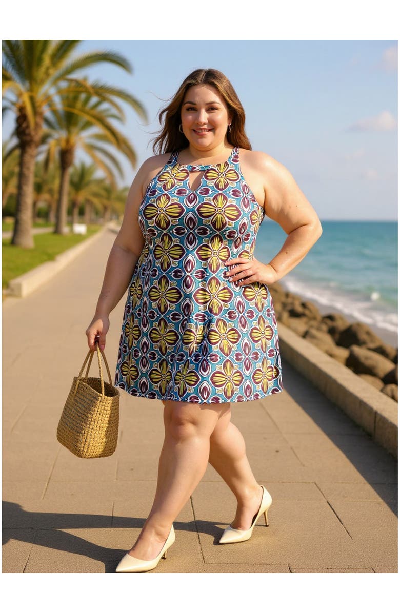 24seven Comfort Apparel Plus Size Floral Knee Length Paisley Sleeveless Keyhole Dress, Alternate, color, Blue Multi