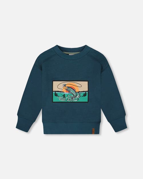 Deux Par Deux Little Boy's Pullover French Terry Graphic Sweatshirt Teal And Peach In Teal And Peach