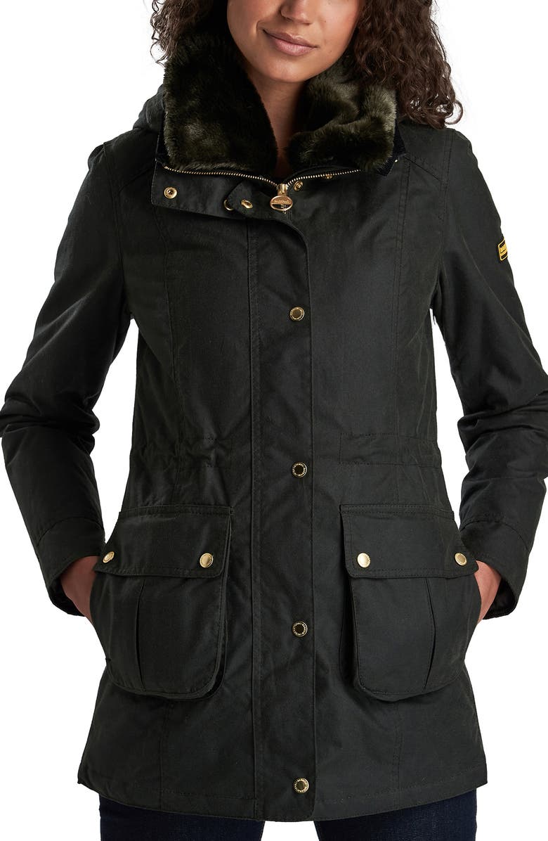 Barbour Thrunton Waxed Cotton Jacket with Faux Fur Trim, Alternate, color,