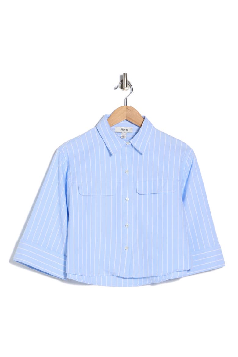 Pinstripe Crop Button-Up Shirt, Alternate, color, LIGHT BLUE/ WHITE STRIPE