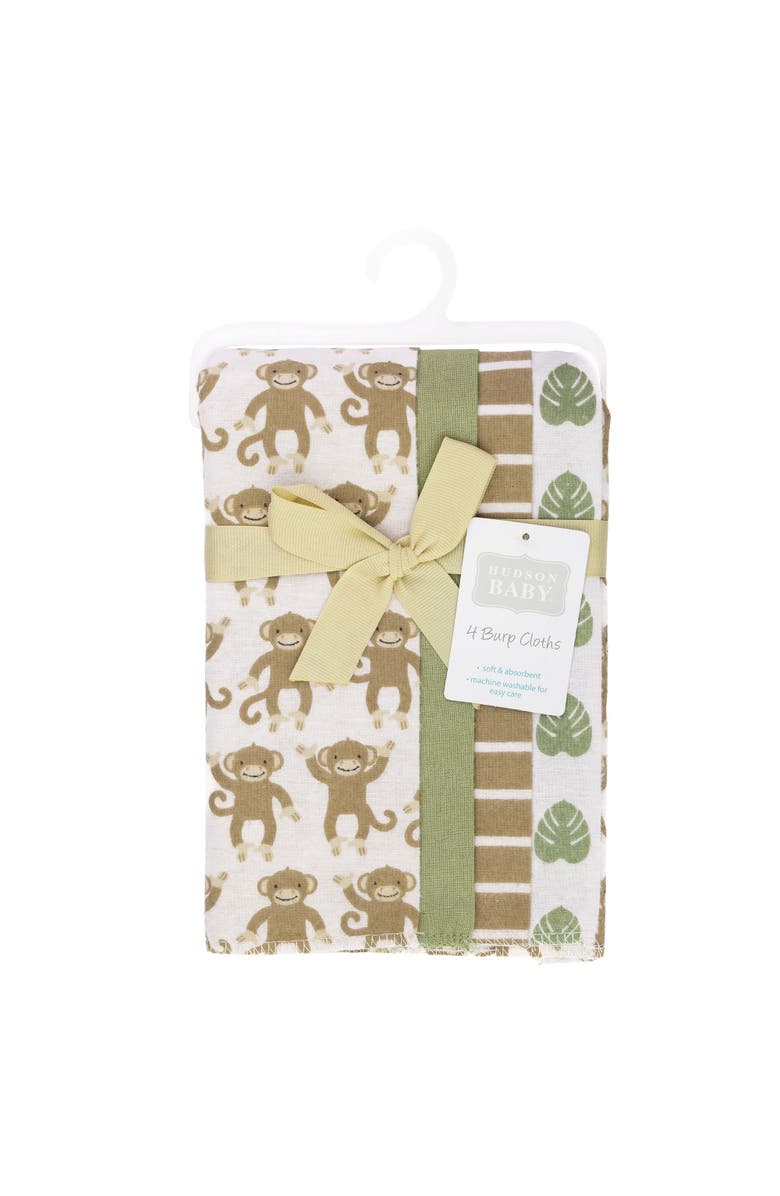 Hudson Baby 4Pk Cotton-Poly Flannel Burp Cloths, Alternate, color, Monkey