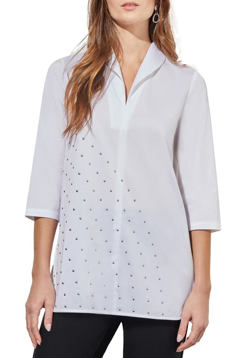 Stud Detail Shawl Collar Cotton Blend Shirt, Main, color, WHITE