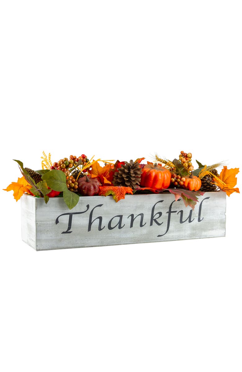 Northlight Pumpkins, Wheat and Pinecones 'Thankful' Wood Box Fall Harvest Centerpiece - 21", Main, color, 