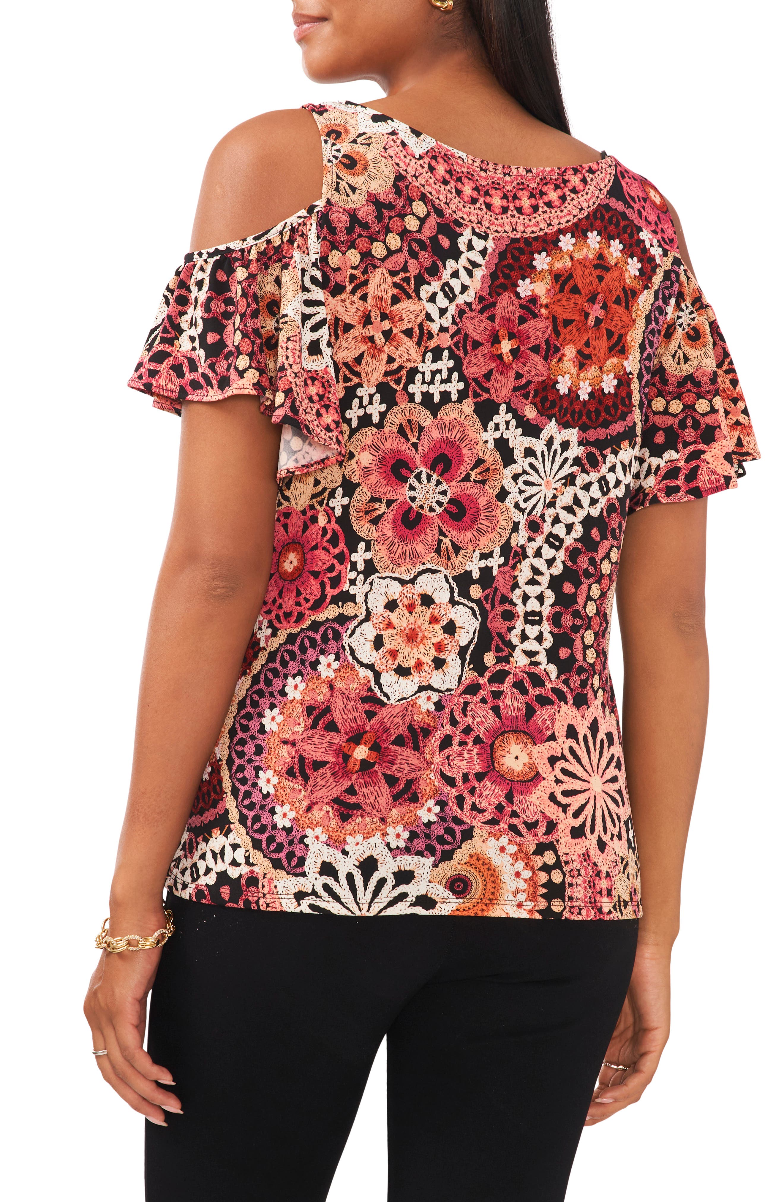 Floral Cold Shoulder Flutter Sleeve Knit Blouse - image 2