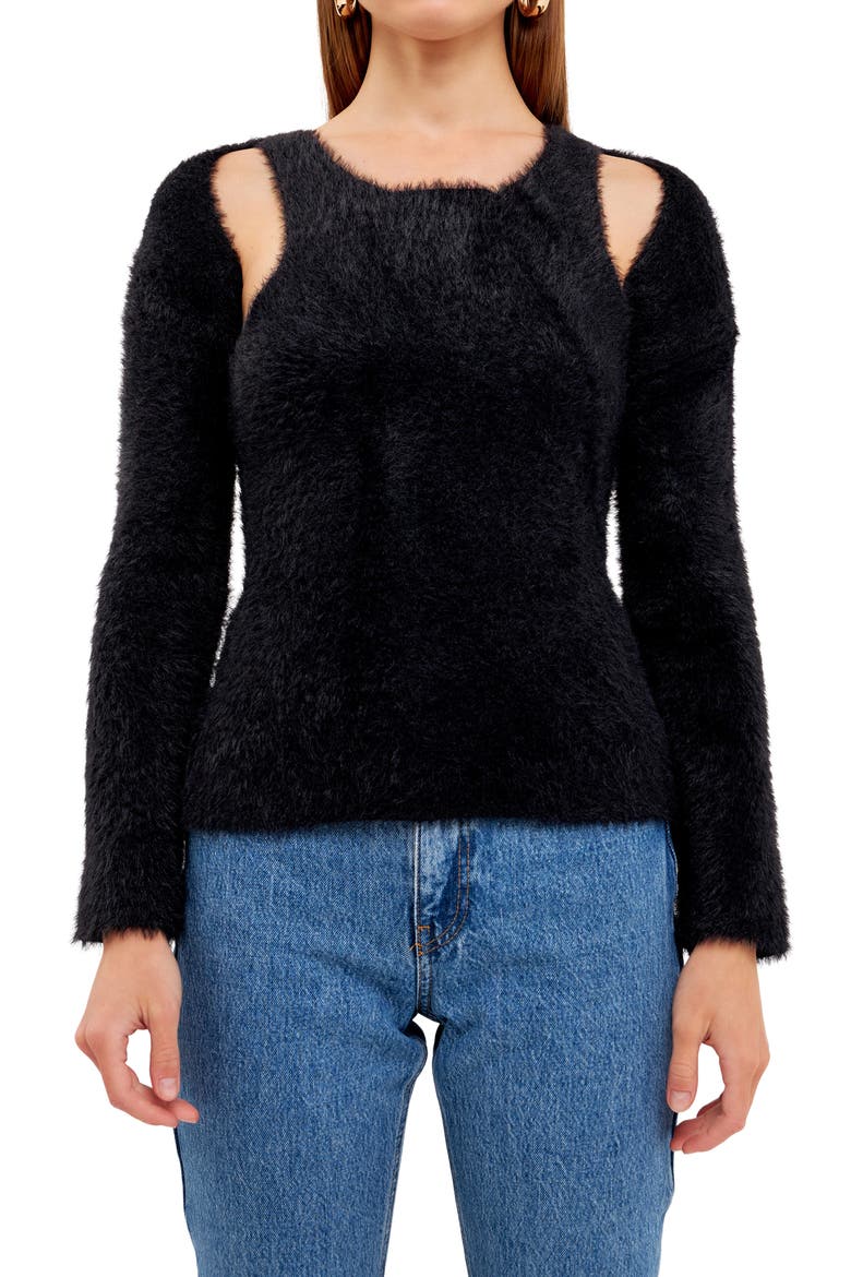 Feather Plush Shrug & Tank Set, Alternate, color, BLACK