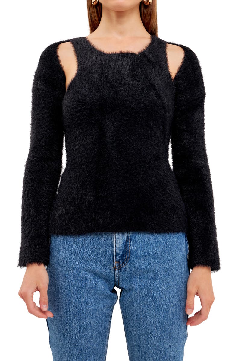 Grey Lab Feather Plush Shrug & Tank Set, Alternate, color, Black