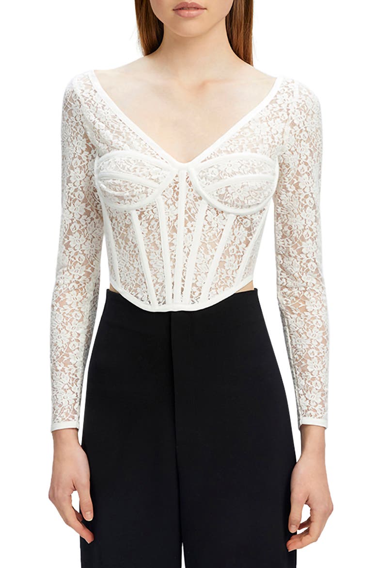 Lace Long Sleeve Corset Crop Top, Main, color, IVORY