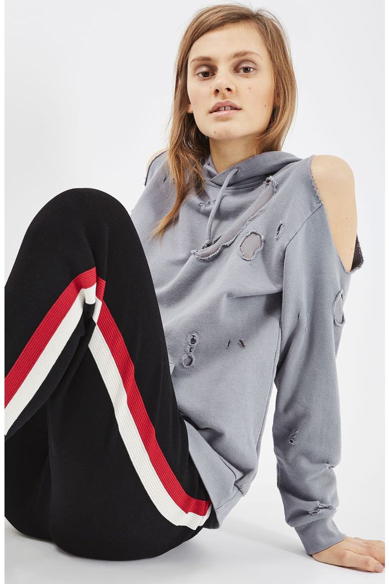 Distressed Cold Shoulder Hoodie, Alternate, color, LIGHT BLUE