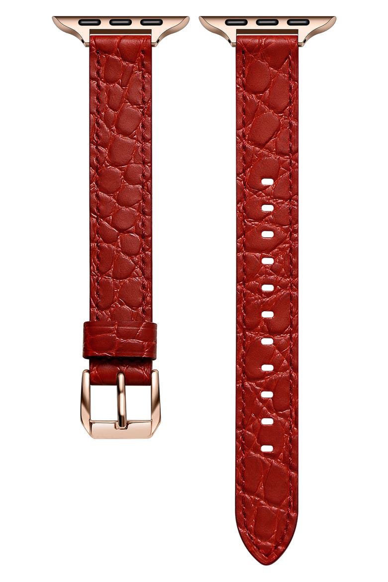 Cleo Skinny Croc Embossed Leather Apple Watch® Watchband, Main, color, RED