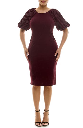Nina Leonard Pleated Puff Sleeve Glitter Sheath Dress In Deep Wine
