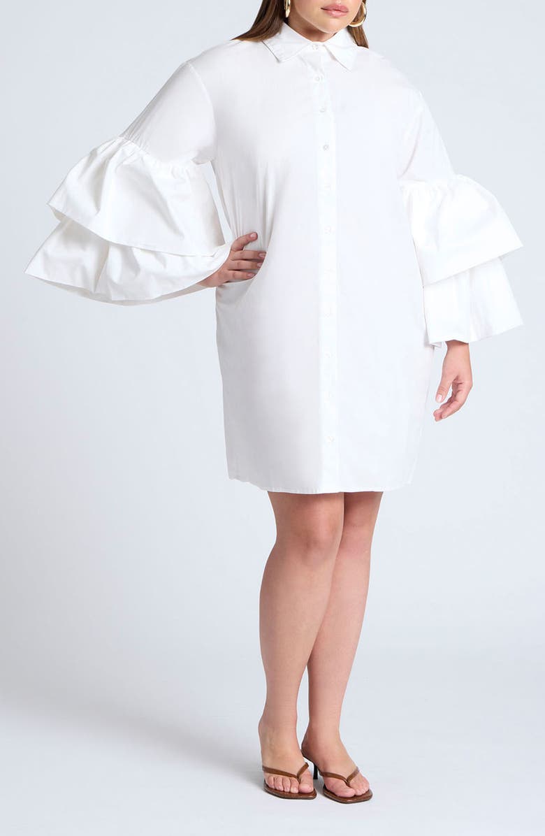 ELOQUII Ruffle Long Sleeve Stretch Cotton Poplin Shirtdress, Main, color, 