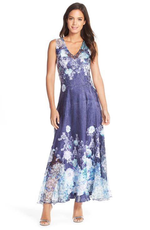 Floral Print Charmeuse & Lace Gown