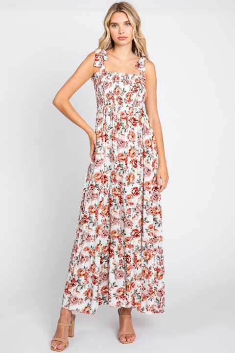 Floral Smocked Shoulder Tie Tiered Maxi Dress