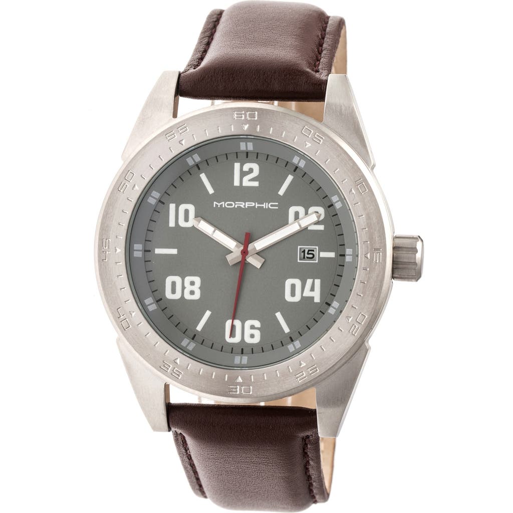 Morphic M63 Series Leather-band Watch W/date In Grey/brown