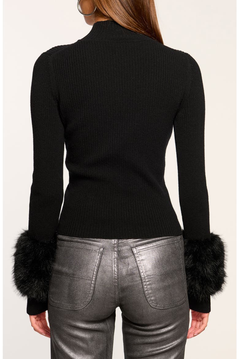 Magnus Faux Fur Trim Merino Wool Blend Rib Top, Alternate, color, BLACK FAUX FUR