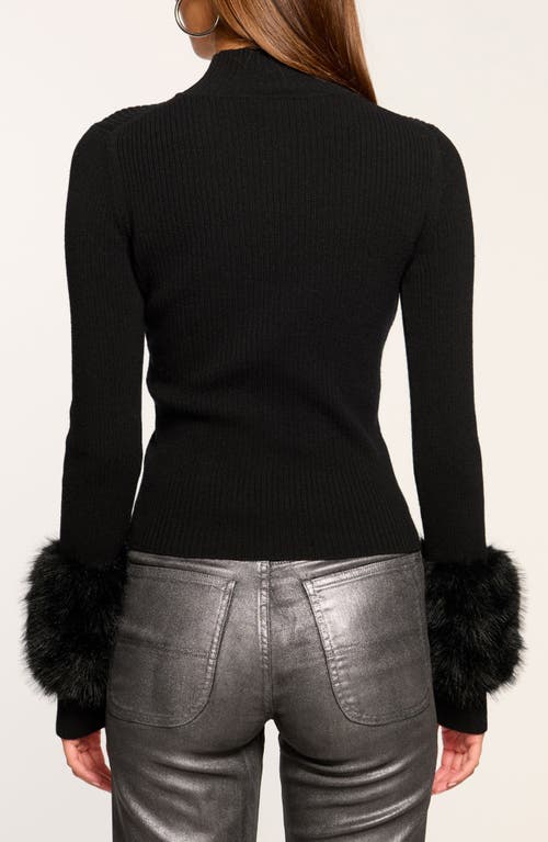 Ramy Brook Magnus Faux Fur Trim Merino Wool Blend Rib Top In Black Faux Fur