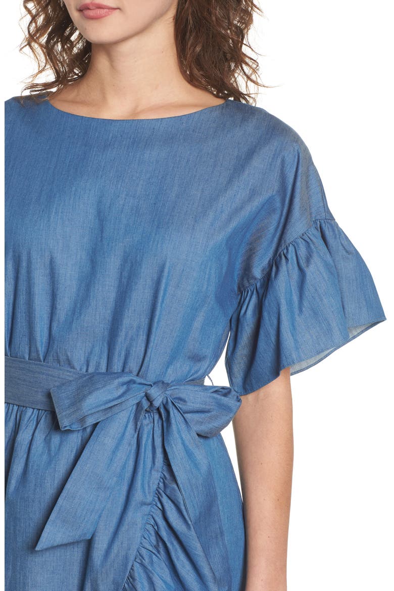 Ruffle Denim Wrap Dress, Alternate, color, DENIM
