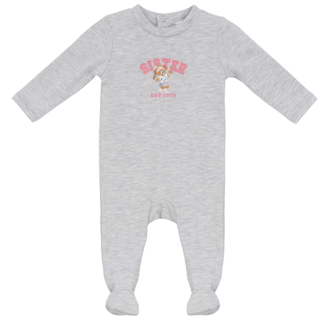 Cotton Spandex Sis Embroidered Bear Snap Back Footed Romper