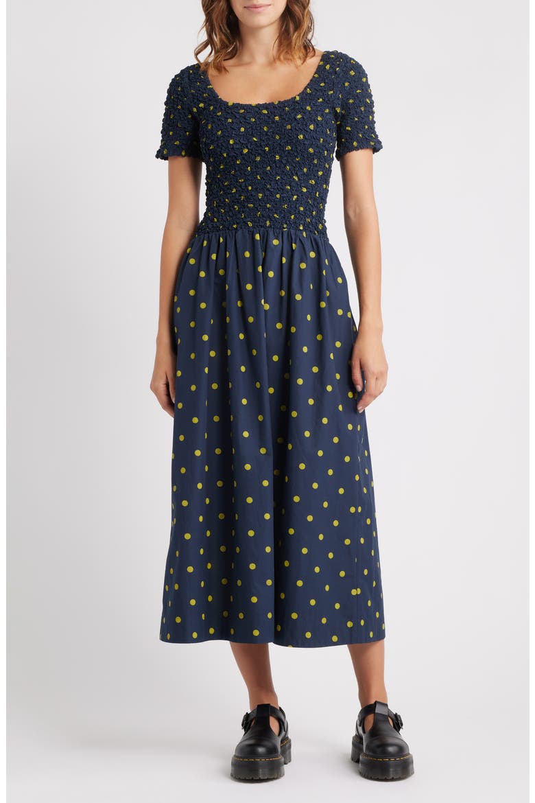 Malinda Polka Dot Super Smocked Organic Cotton Dress, Main, color, NAVY