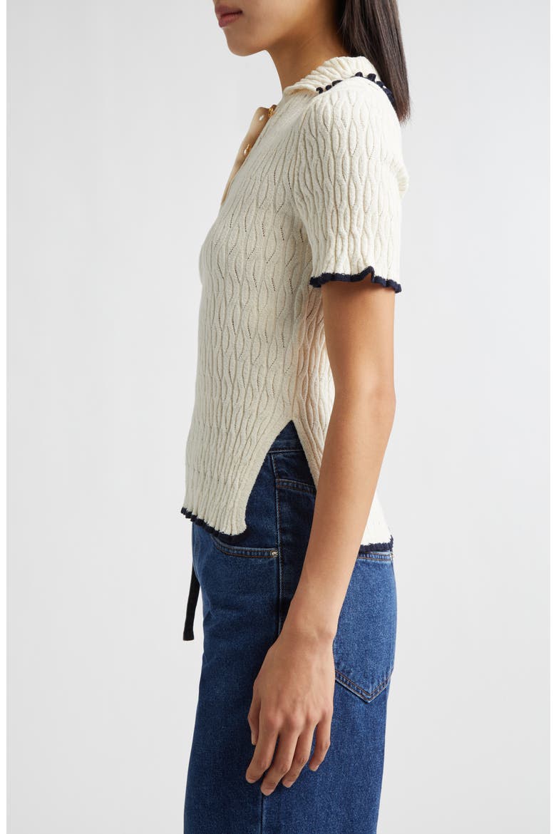 Contrast Trim Pointelle Cable Knit Polo, Alternate, color, IVORY