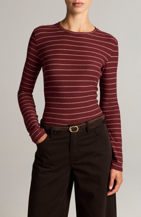Striped Long Sleeve Cotton Crewneck Top