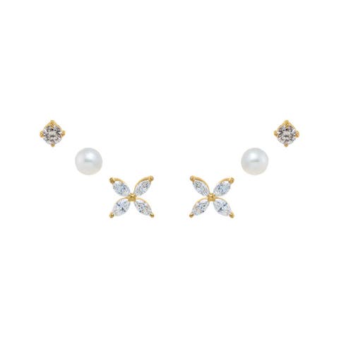 Diamond Flower & Pearls Stud Earring Combo Set 14K