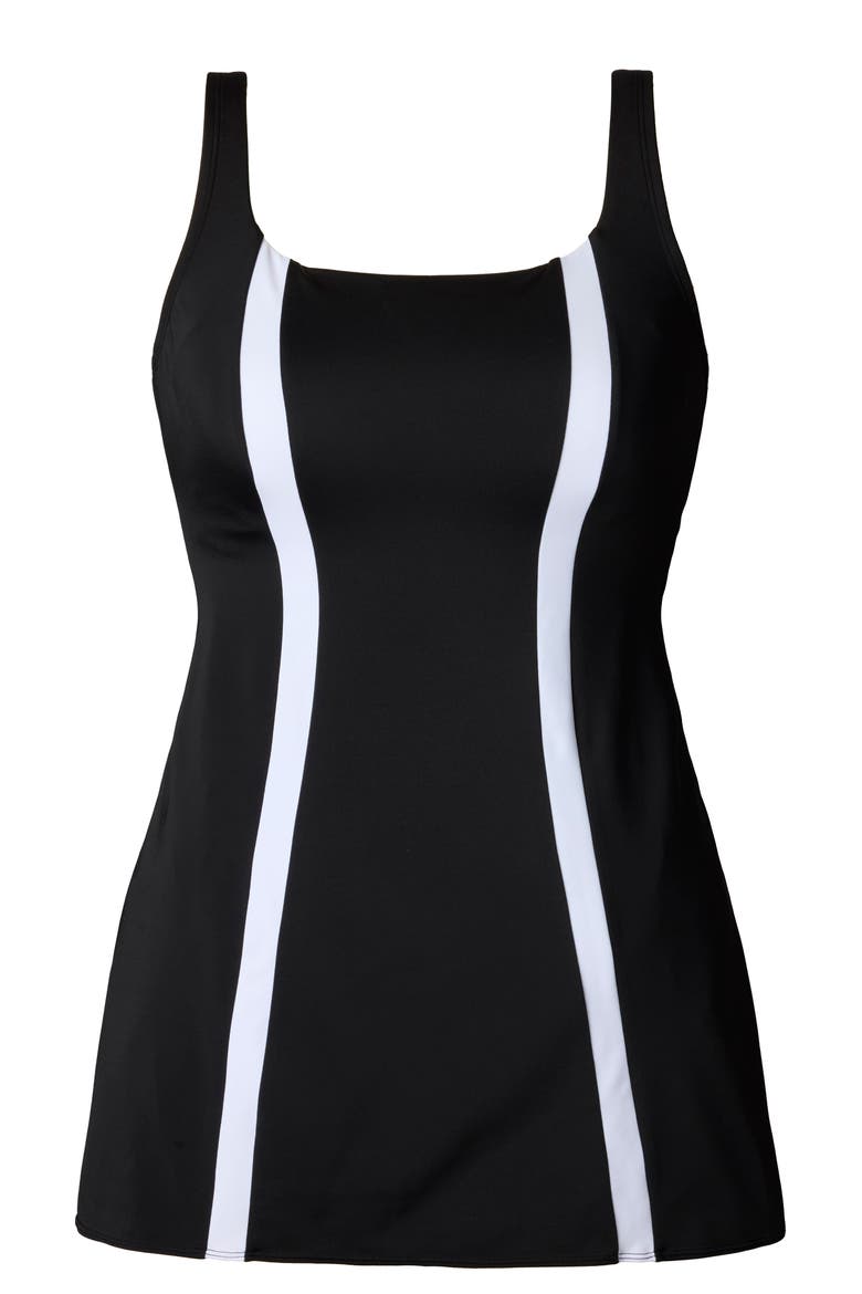 Adjustable Chlorine Resistant Squareneck Swimdress, Alternate, color, Black and White