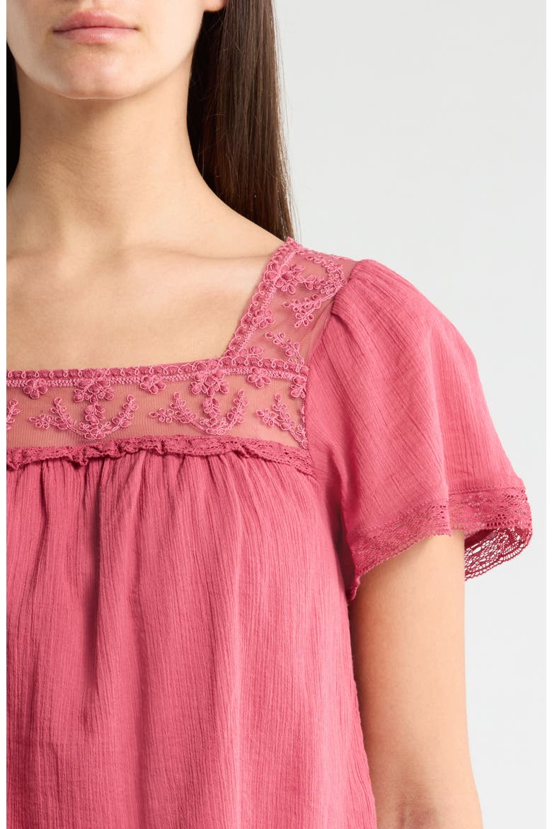 Lace Mesh Detail Square Neck Cotton Top, Alternate, color, ROSE WINE