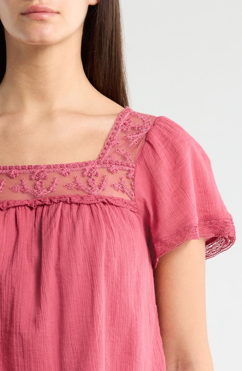 Lucky Brand Lace Mesh Detail Square Neck Cotton Top, Alternate, color, Rose Wine