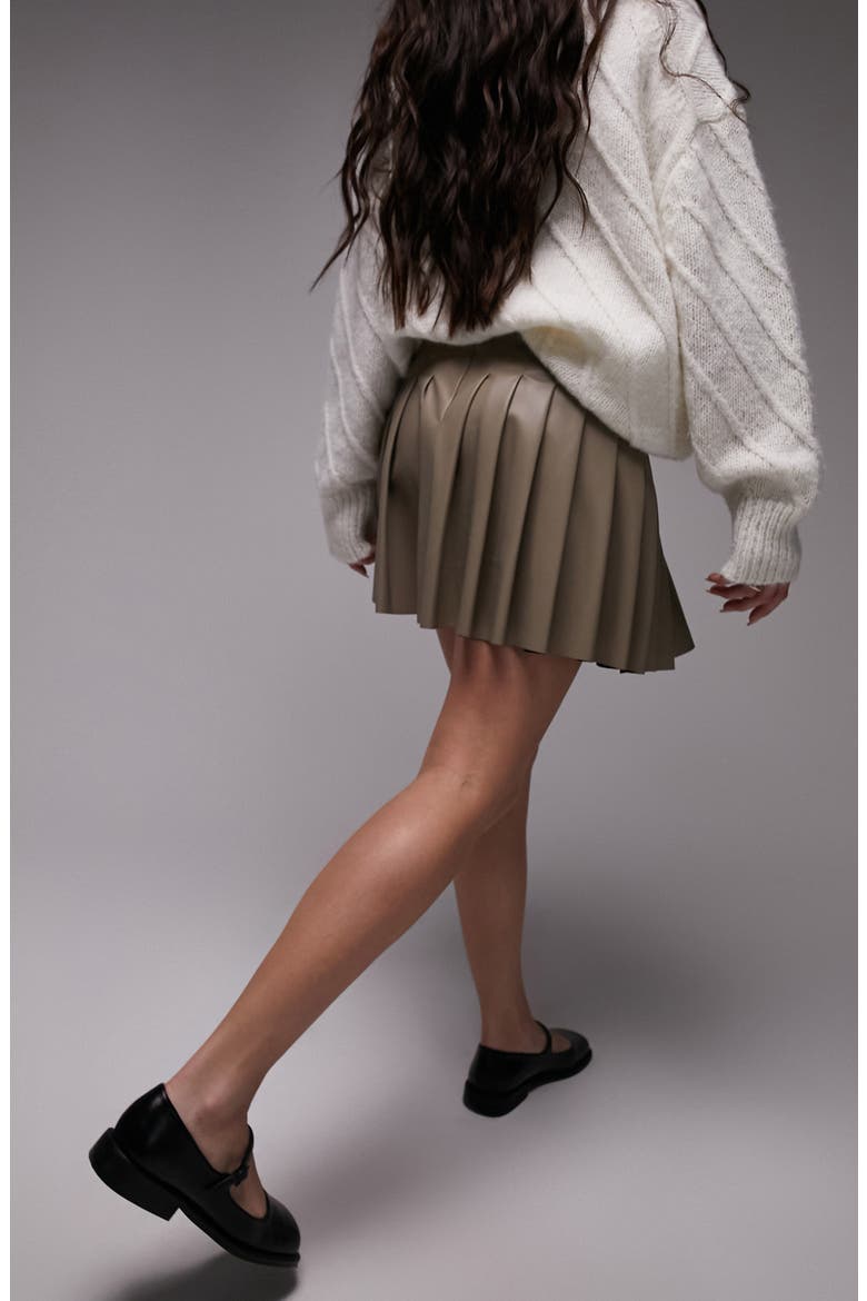 Pleated Faux Leather Miniskirt, Alternate, color, STONE