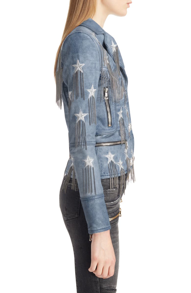 Balmain Star & Chain Embellished Leather Jacket, Alternate, color, 