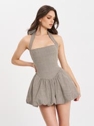 Miss Circle Dacia Plaid Halter Lace-up Bubble Mini Dress
