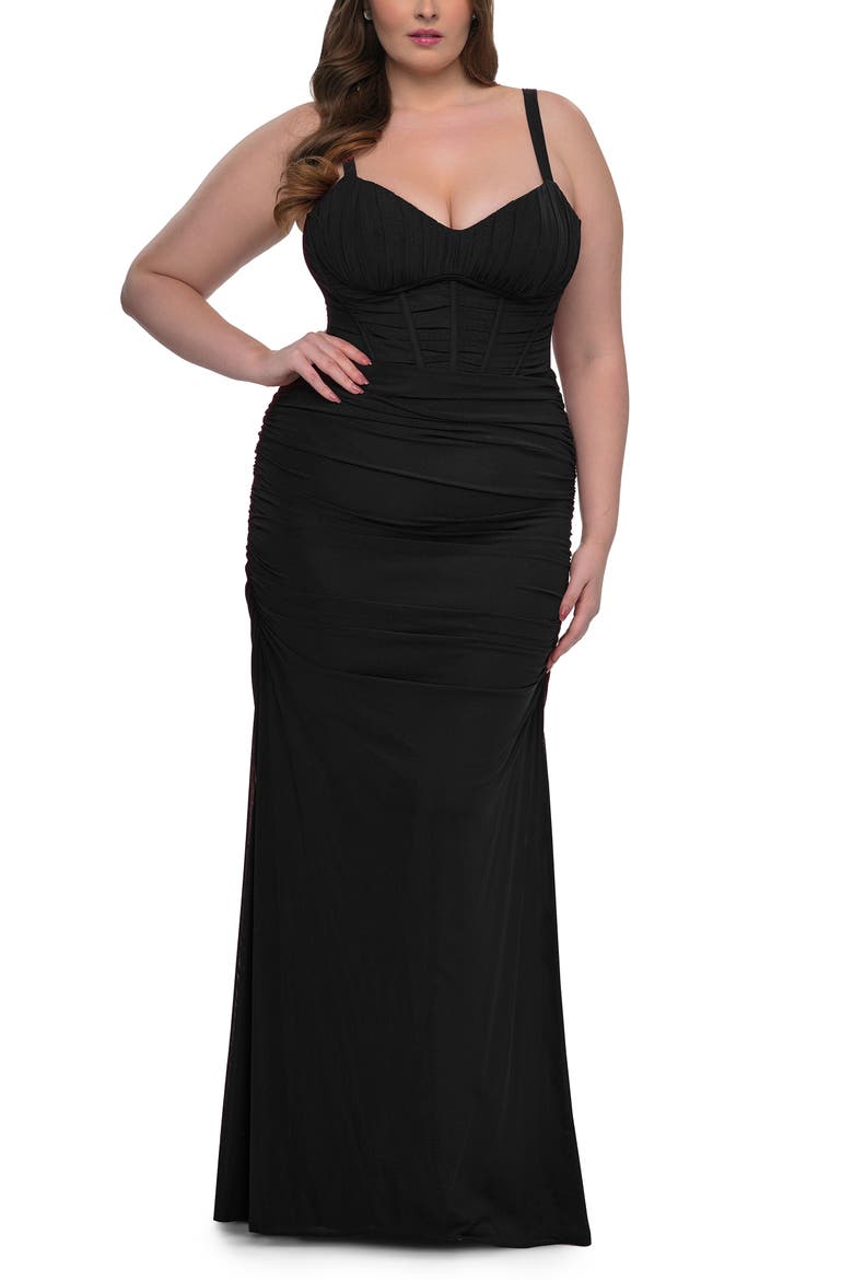 Corset Net Jersey Plus Size Dress with V-Neck, Main, color, Black