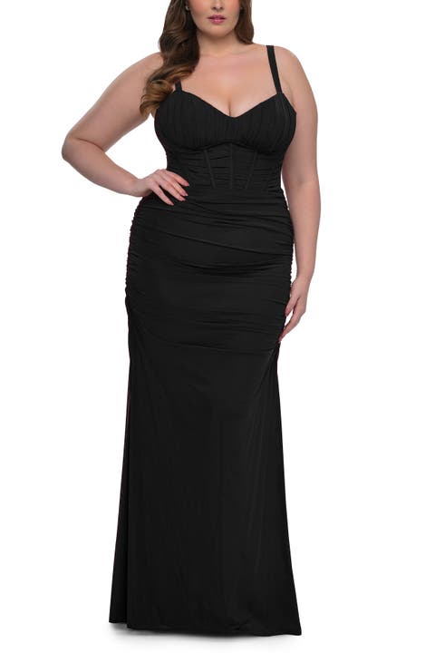 Corset Net Jersey Plus Size Dress with V-Neck