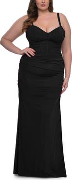 La Femme Corset Net Jersey Plus Size Dress with V-Neck