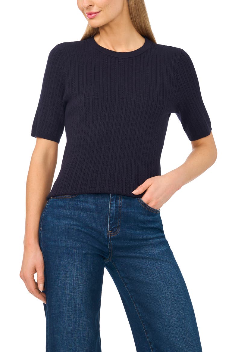 Pointelle Stitch Short Sleeve Sweater, Main, color, NIGHT SKY