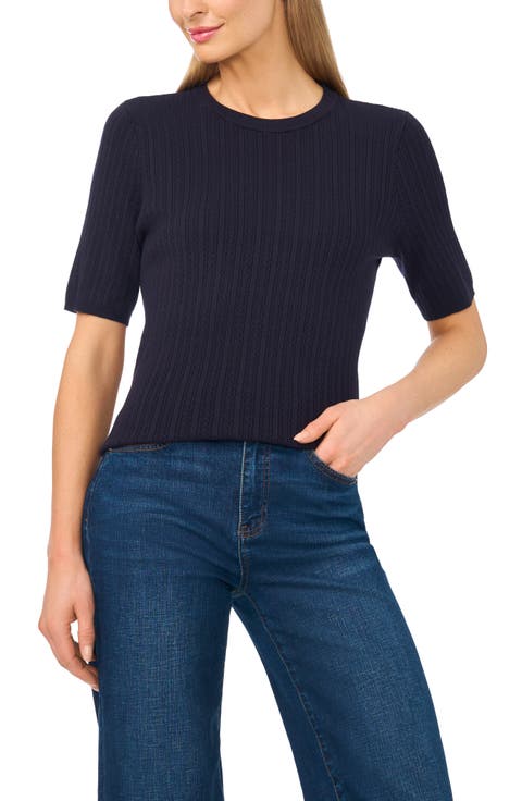 Pointelle Stitch Short Sleeve Sweater