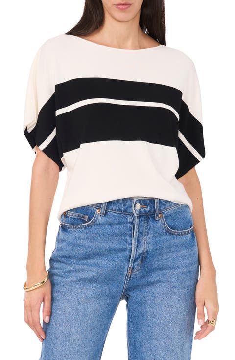 Placed Stripe Short Sleeve Sweater