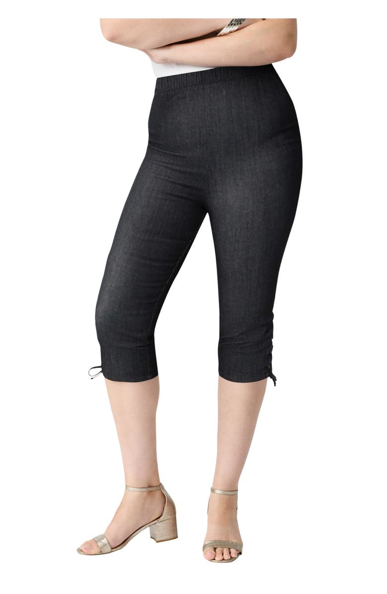 Roaman's Plus Size Comfort Stretch Lace Up Capri Jean, Main, color, Black Denim