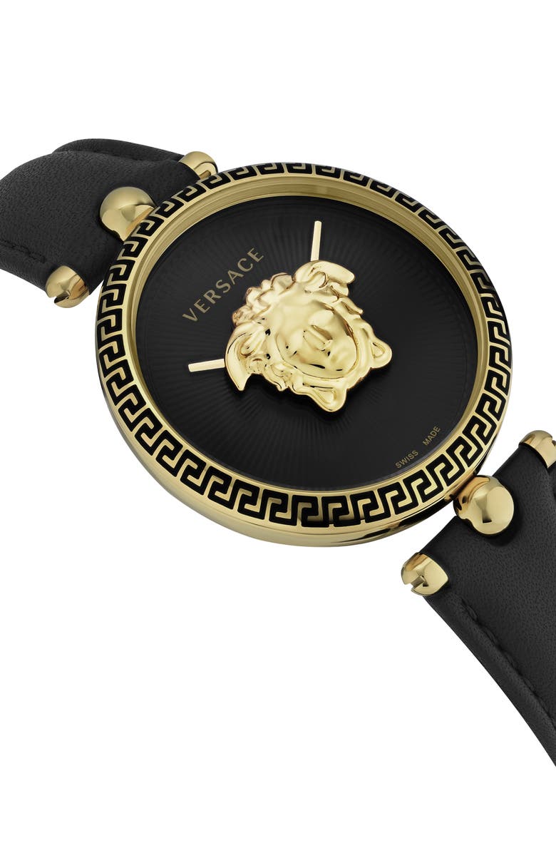 Versace Palazzo Empire Leather Strap Watch, 39mm, Alternate, color, Ip Yellow Gold