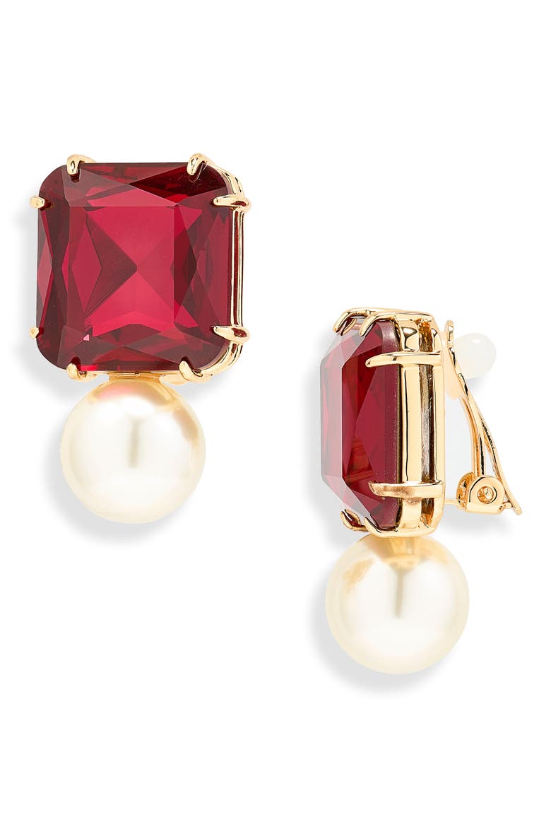 Crystal & Faux Pearl Earrings, Main, color, CRANBERRY