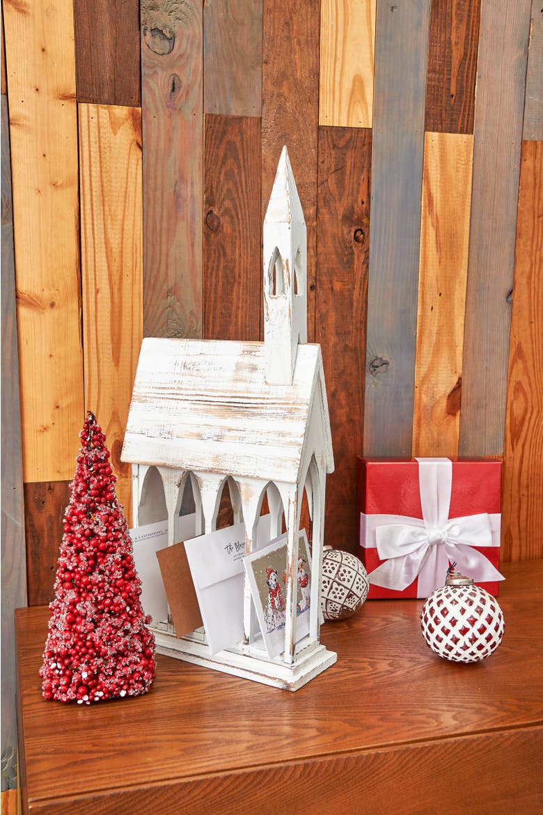 White Church Chapel Large Christmas Card Distressed Wood Mail Holder 11" x 24", Alternate, color, Off-White