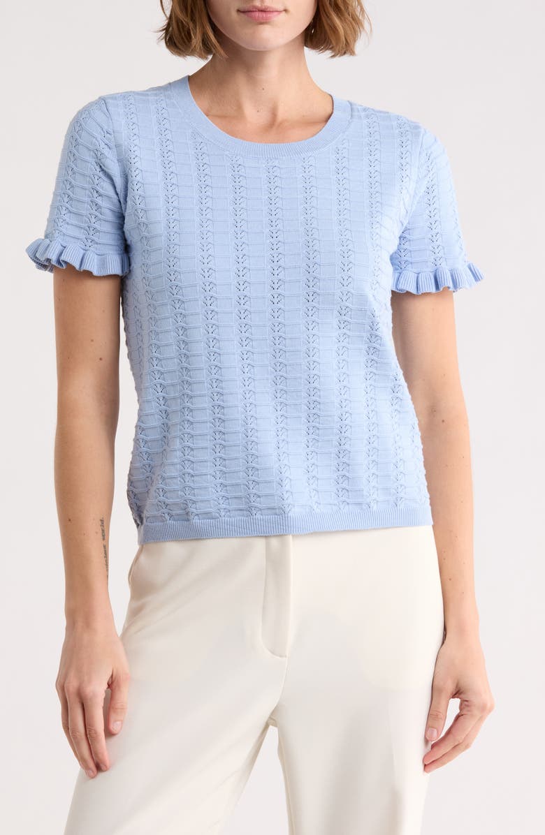 T Tahari Crewneck Pointelle Stitch Sweater, Main, color, Blue Bell